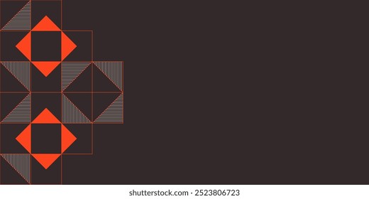 Abstrakter kreativer Hintergrund, Webbanner. Abstrakte geometrische Formen Zusammensetzung. Quadratische lineare geometrische Kacheln mit Dreiecken im Inneren auf braunem Hintergrund. Vektorfarben-Illustration im flachen Stil.