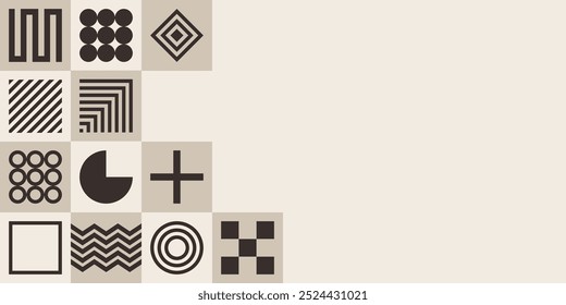 Fundo criativo abstrato, banner web. Composição abstrata de formas geométricas castanhas. Quadrados com diferentes cores de formas geométricas no interior. Ilustração de cor de vetor em estilo plano.