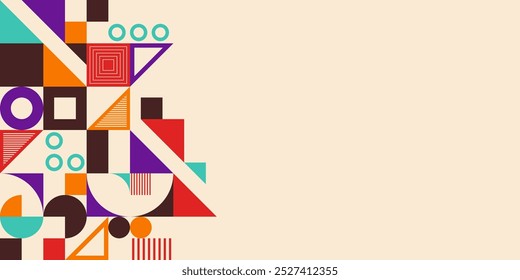Abstract creative background, web banner in bauhaus style. Abstract different color geometric shapes composition. Vector color illustration in flat style.