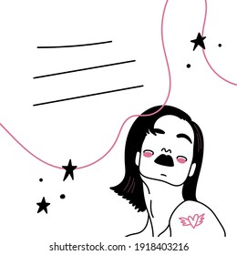 Abstract creative backgrounds in minimal trendy style with woman face portrait in one line with copy space for text. Design templates for social media