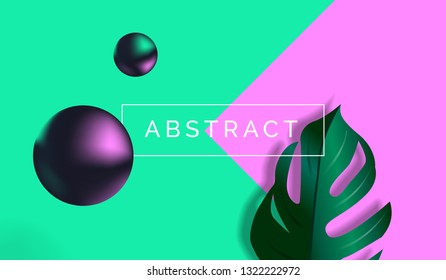 abstract creative banner brochure design with monstera leaf 3d spheres geometric background