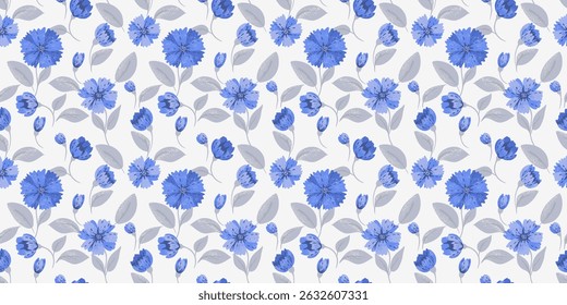 Abstract creative blue flowers and leaves seamless pattern. Vector hand drawn. Blooming cute floral print. Unique Ornament for designs, children textiles, notebook cover