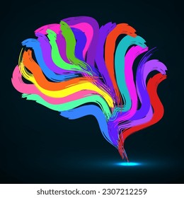 Resumen de cerebro creativo con pinturas de trazos de material. Ilustración vectorial colorida