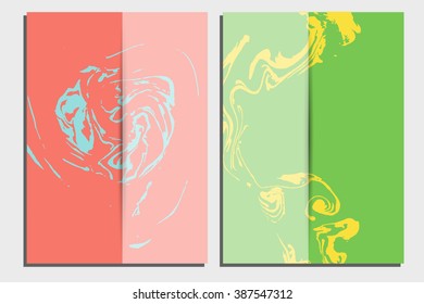 Abstract creative card templates. Weddings, menu, invitations, birthday, business cards with marble texture in trendy colors