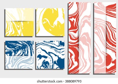 Abstract creative card templates. Weddings, menu, invitations, birthday, business cards with marble texture in trendy colors
