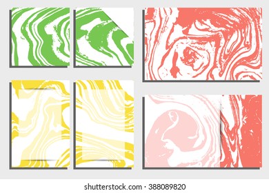Abstract creative card templates. Weddings, menu, invitations, birthday, business cards with marble texture in trendy colors