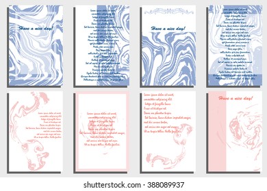 Abstract creative card templates. Weddings, menu, invitations, birthday, business cards with marble texture in trendy colors