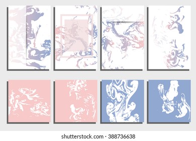 Abstract creative card templates. Weddings, menu, invitations, birthday, business cards with marble texture in trendy colors