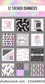 Abstract Creative Cards Posters Set with Holographic Elements. Trendy Hand Drawn Design for Banner, Placard, Invitation. Hipster Futuristic Brochure, Flyer, Leaflet. Vector illustration