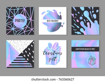 Abstract Creative Cards Posters Set with Holographic Elements. Trendy Hand Drawn Design for Banner, Placard, Invitation. Hipster Futuristic Brochure, Flyer, Leaflet. Vector illustration
