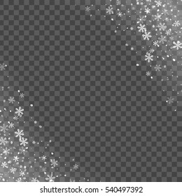 Abstract creative christmas falling snow isolated on background. Vector illustration clipart art for Xmas holiday decoration. Concept idea design element. Realistic snowflake. Winter frost effect
