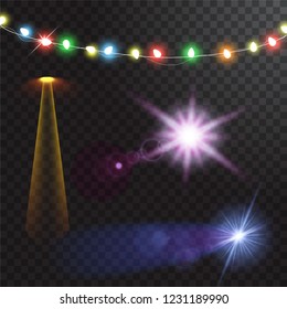 Abstract creative christmas garland light isolated on background. template. Vector illustration clipart art for Xmas holiday decoration. Concept idea design element. Realistic luminous bulb. Glow lamp