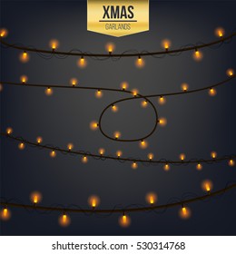 Abstract creative christmas garland light isolated on background. template. Vector illustration clipart art for Xmas holiday decoration. Concept idea design element. Realistic luminous bulb. Glow lamp