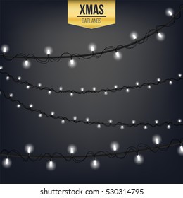 Abstract creative christmas garland light isolated on background. template. Vector illustration clipart art for Xmas holiday decoration. Concept idea design element. Realistic luminous bulb. Glow lamp