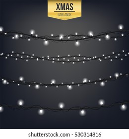 Abstract creative christmas garland light isolated on background. template. Vector illustration clipart art for Xmas holiday decoration. Concept idea design element. Realistic luminous bulb. Glow lamp