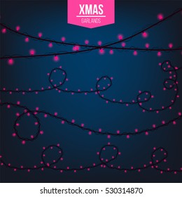 Abstract creative christmas garland light isolated on background. template. Vector illustration clipart art for Xmas holiday decoration. Concept idea design element. Realistic luminous bulb. Glow lamp