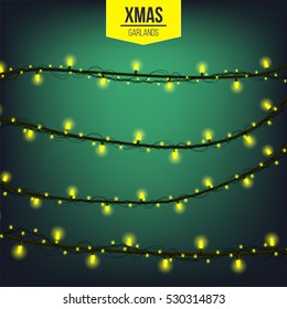 Abstract creative christmas garland light isolated on background. template. Vector illustration clipart art for Xmas holiday decoration. Concept idea design element. Realistic luminous bulb. Glow lamp