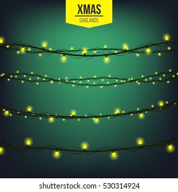 Abstract creative christmas garland light isolated on background. template. Vector illustration clipart art for Xmas holiday decoration. Concept idea design element. Realistic luminous bulb. Glow lamp
