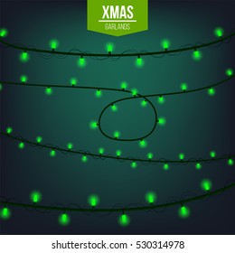 Abstract creative christmas garland light isolated on background. template. Vector illustration clipart art for Xmas holiday decoration. Concept idea design element. Realistic luminous bulb. Glow lamp