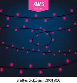 Abstract creative christmas garland light isolated on background. template. Vector illustration clipart art for Xmas holiday decoration. Concept idea design element. Realistic luminous bulb. Glow lamp