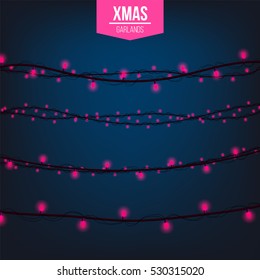 Abstract creative christmas garland light isolated on background. template. Vector illustration clipart art for Xmas holiday decoration. Concept idea design element. Realistic luminous bulb. Glow lamp