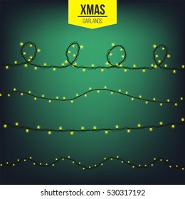 Abstract creative christmas garland light isolated on background. template. Vector illustration clipart art for Xmas holiday decoration. Concept idea design element. Realistic luminous bulb. Glow lamp