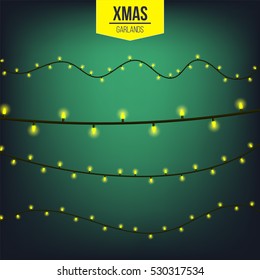 Abstract creative christmas garland light isolated on background. template. Vector illustration clipart art for Xmas holiday decoration. Concept idea design element. Realistic luminous bulb. Glow lamp