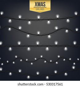 Abstract creative christmas garland light isolated on background. template. Vector illustration clipart art for Xmas holiday decoration. Concept idea design element. Realistic luminous bulb. Glow lamp