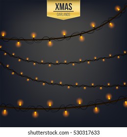 Abstract creative christmas garland light isolated on background. template. Vector illustration clipart art for Xmas holiday decoration. Concept idea design element. Realistic luminous bulb. Glow lamp