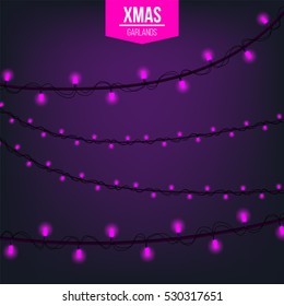 Abstract creative christmas garland light isolated on background. template. Vector illustration clipart art for Xmas holiday decoration. Concept idea design element. Realistic luminous bulb. Glow lamp