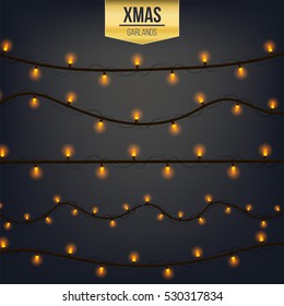 Abstract creative christmas garland light isolated on background. template. Vector illustration clipart art for Xmas holiday decoration. Concept idea design element. Realistic luminous bulb. Glow lamp