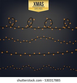 Abstract creative christmas garland light isolated on background. template. Vector illustration clipart art for Xmas holiday decoration. Concept idea design element. Realistic luminous bulb. Glow lamp