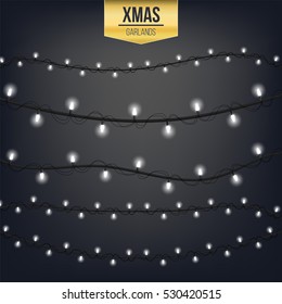 Abstract creative christmas garland light isolated on background. template. Vector illustration clipart art for Xmas holiday decoration. Concept idea design element. Realistic luminous bulb. Glow lamp