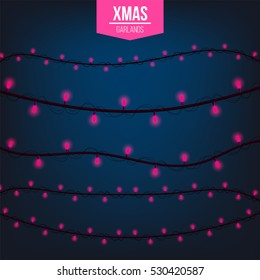 Abstract creative christmas garland light isolated on background. template. Vector illustration clipart art for Xmas holiday decoration. Concept idea design element. Realistic luminous bulb. Glow lamp