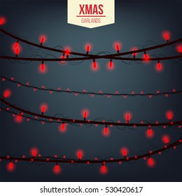 Abstract creative christmas garland light isolated on background. template. Vector illustration clipart art for Xmas holiday decoration. Concept idea design element. Realistic luminous bulb. Glow lamp