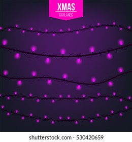Abstract creative christmas garland light isolated on background. template. Vector illustration clipart art for Xmas holiday decoration. Concept idea design element. Realistic luminous bulb. Glow lamp