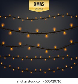 Abstract creative christmas garland light isolated on background. template. Vector illustration clipart art for Xmas holiday decoration. Concept idea design element. Realistic luminous bulb. Glow lamp