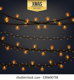Abstract creative christmas garland light isolated on background. template. Vector illustration clipart art for Xmas holiday decoration. Concept idea design element. Realistic luminous bulb. Glow lamp