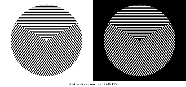 Abstract creative circle with lines in triangles. Geometric art lines background. Black shape on a white background and the same white shape on the black side.