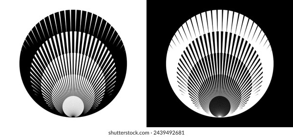Abstract creative circles with radial lines as shell. Geometric art lines background. Can be used as icon, logo or tattoo. Black shape on a white background and the same white shape on the black side.
