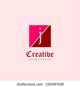abstract creative classic square J logo letter design concept in neon red and dark red colors 