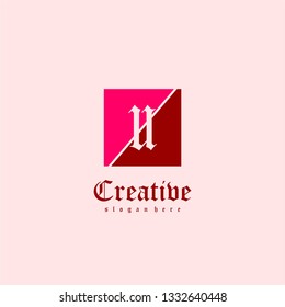 abstract creative classic square U logo letter design concept in neon red and dark red colors 