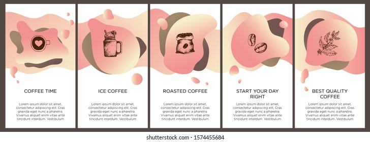 Abstract creative coffee set with copy space for text and hand draw coffee icons. Vector concept for coffee shop house, cafe with pink modern liquid background. Template for website, app.