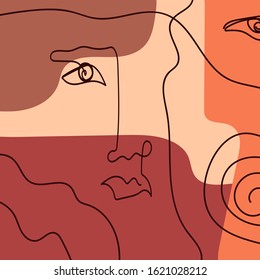 Abstract creative collage with sketch of human face. Drawn by hand. Modern vector illustration.