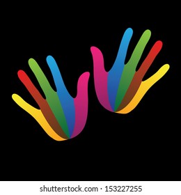 abstract creative colorful paint hands ( palm ) icon ( sign )- vector graphic. This illustration consists of two child's or people's hands with painted colors ranging from orange to yellow to green