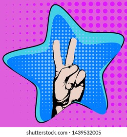 Abstract creative colorful pop art hand peace signs (hand and finger) as vector - comic style, victory signs - isolated dots pattern on background - For sale banner, illustration, comic book design