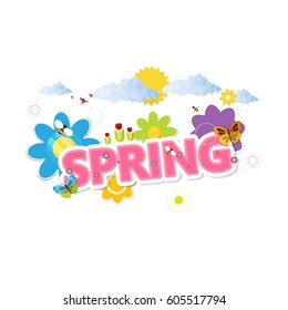 Abstract Creative Colorful Spring Lettering with Flowers. In Editable Vector Format.
