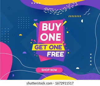 Abstract creative colourful buy one get one banner in memphis style. can be used as poster or banner design. For shopping.