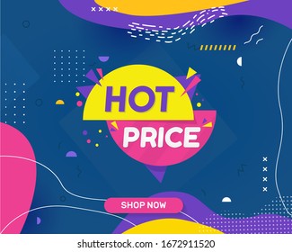 Abstract creative colourful hot price banner in memphis style. can be used as poster or banner design. For shopping.