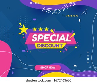 Abstract creative colourful special discount banner in memphis style. can be used as poster or banner design. For shopping.